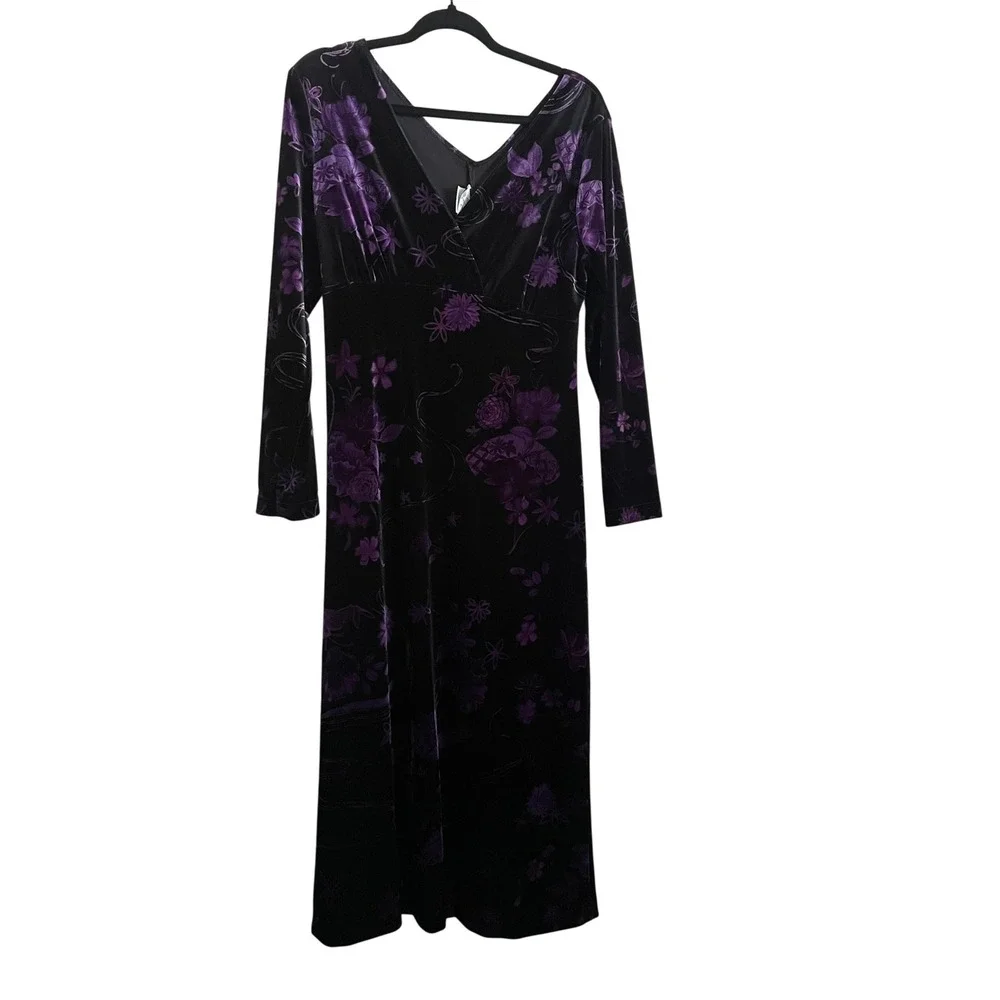 Vintage 90s Y2K Purple Velvet Floral Babydoll Maxi Dress 12 Fairy Grunge Goth - Picture 2 of 9